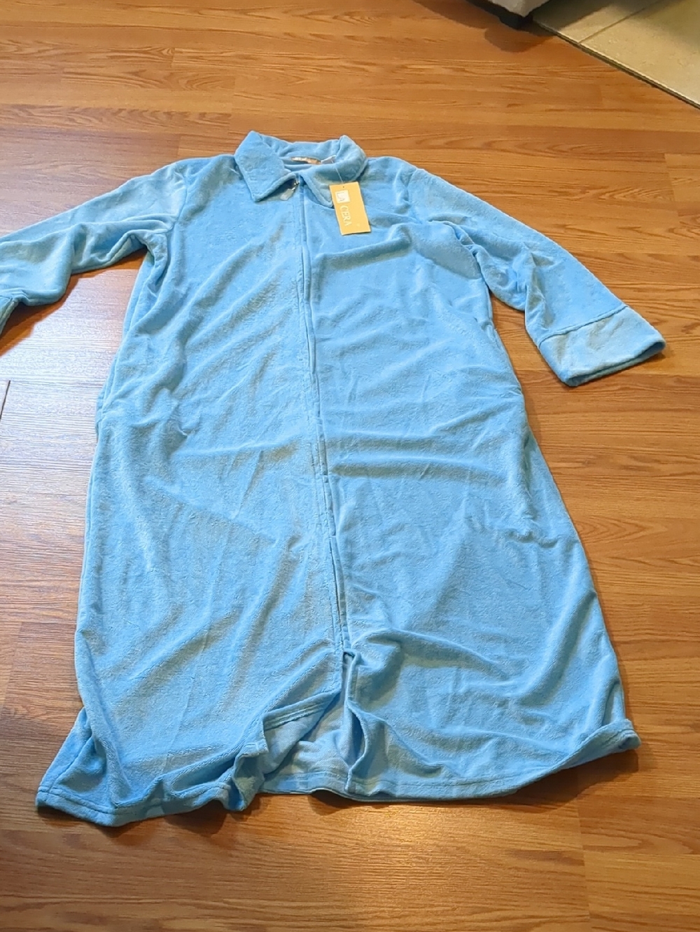 NWT La Cera Blue 100% Polyester Zip Front Long Robe Lounger